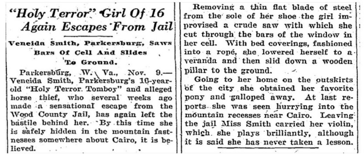 1800s newspaper clipping about Veneida Smith, the Holy Terror of Parkersburg